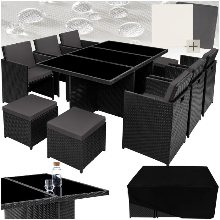 Salon de jardin NEW YORK 10 places avec 2 sets de housses + housse de protection, variante 2 - noir