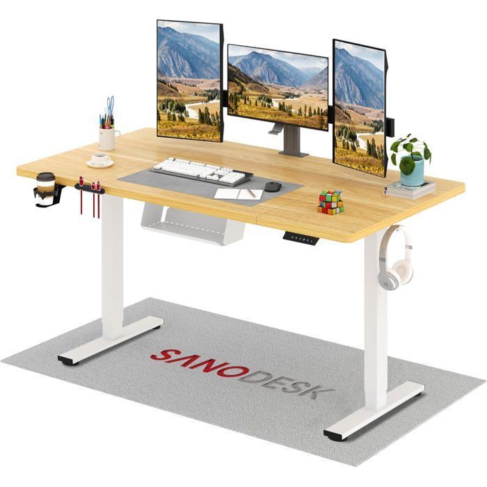 SANODESK Bureau Assis Debout Électrique Bureau Réglable en Hauteur avec Crochet et Fonction Mémoire Plateau Érable 160x60cm