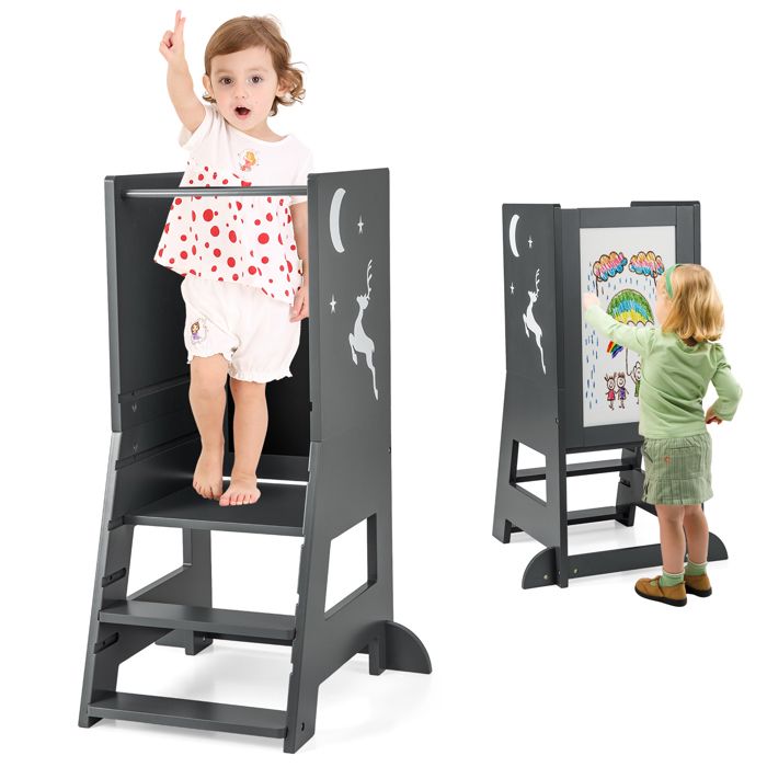 Tour dApprentissage – DREAMADE – 3 en 1 – 3 Niveaux Réglables - Escabeau Enfant - Tableau Noir/Blanc – 70KG MAX - Gris