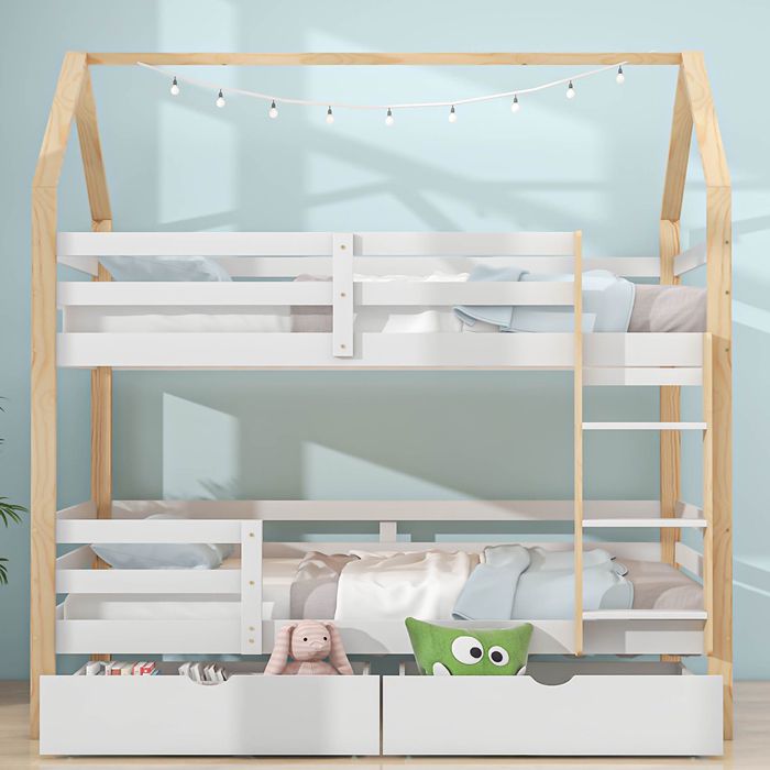 Lit superposé cabane SWEIKO - 90x200 cm - Bois massif - Espace de rangement