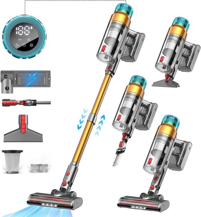 Aspirateur Balai Sans Fil Fieety 600W - 50kPa, Autonomie 65 Min, Brosse Animaux, Tuyau Télescopique | Pour Poils, Tapis, Voiture