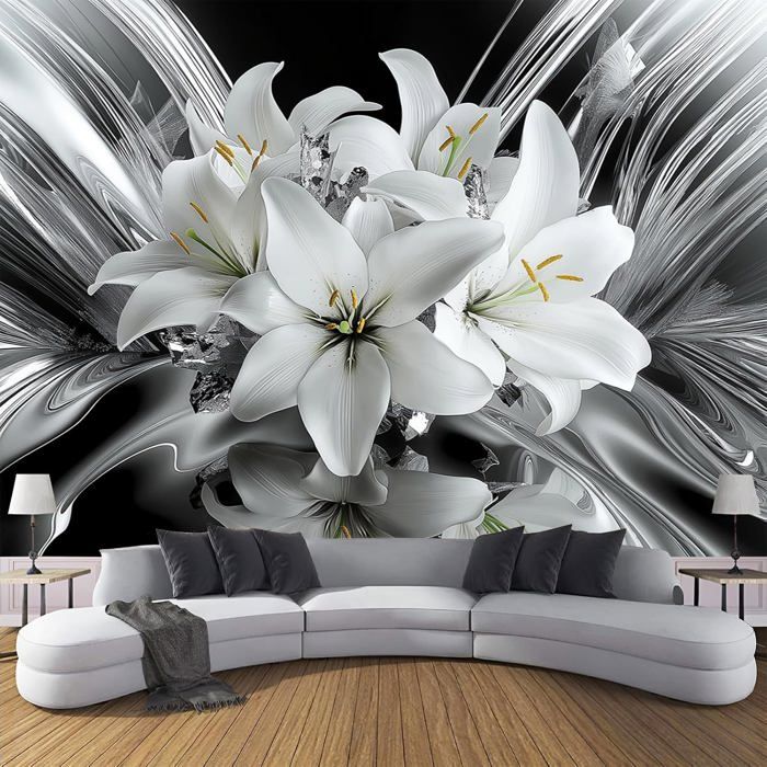 Papier Peint Panoramique 3D Soie Plante Lys Blanc,Rayure Feuille ...