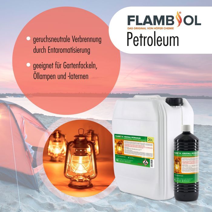 Huile de chauffage au pétrole purifiée Höfer Chemie FLAMBIOL (3 x 20 L) - Qualité désaromatisée - Pour chauffages de camping