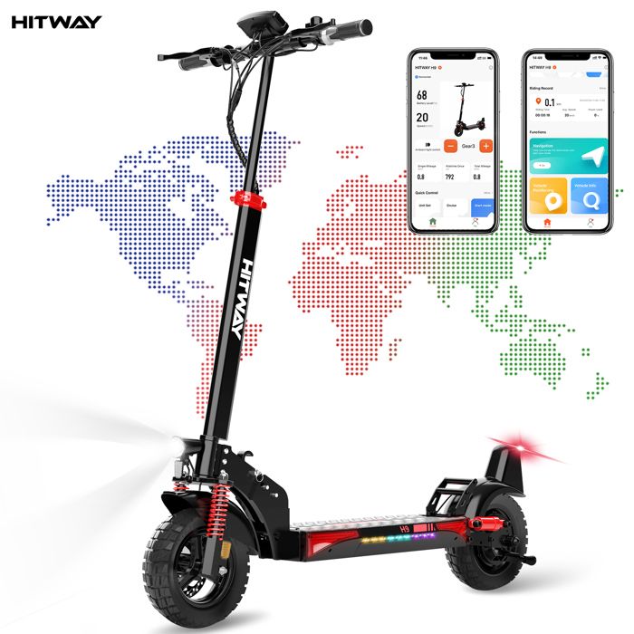 Trottinette électrique Hitway Trottinette Électrique H10 - Pneus gonflables 10 - 1600W crête- APP - Batterie 48V 20.8Ah - Scooter Pliable - Noir&Rouge Trottinette électrique Hitway Trottinette Électrique H10 - Pneus gonflables 10 - 1600W crête- APP - Batterie 48V 20.8Ah - Scooter Pliable - Noir&Rouge