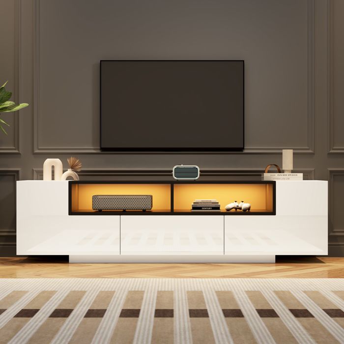 Meuble TV haute brillance 180x40x48 cm - avec éclairage LED - 1 tiroir et 2 portes - pour téléviseurs 75 pouces - blanc
