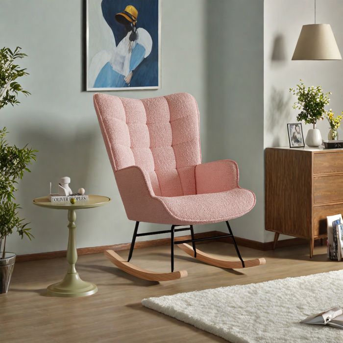 Fauteuil à bascule scandinave 1 place - Velours Teddy rose bois massif et métal 68x75x92 cm