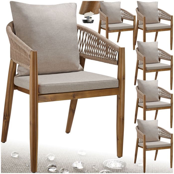 Chaise de jardin - TECTAKE - Lot de 6 MANACOR résistantes aux intempéries Rope-Design bois dacacia massif - Sable Chaise de jardin - TECTAKE - Lot de 6 MANACOR résistantes aux intempéries Rope-Design bois dacacia massif - Sable