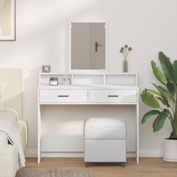 Coiffeuse - Blanche - 2 tiroirs - Miroir inclus - Style contemporain