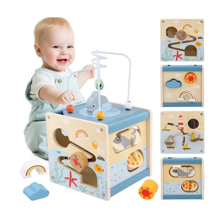 6-en-1 Cube d'Activités en Bois,Centre éducatif avec Labyrinthe de Perles et tri,Montessori bébé Jouet Cadeau pour Enfants - Jeux - Jouets