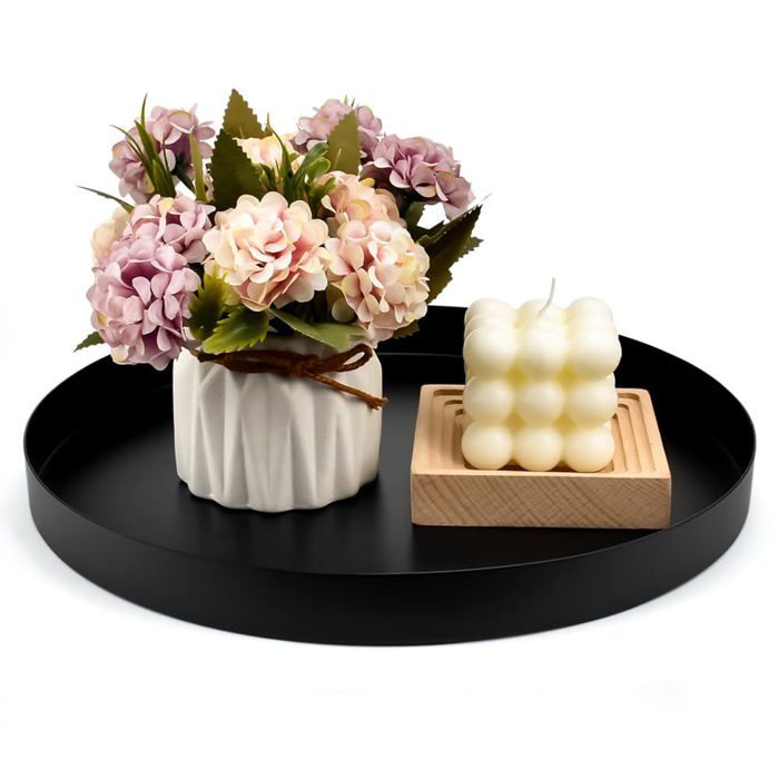 Plateau décoratif rond noir 30 cm Plateau rond en acier inoxydable Assiette décorative Plateau de rangement de maquillage QIEDOVIEY