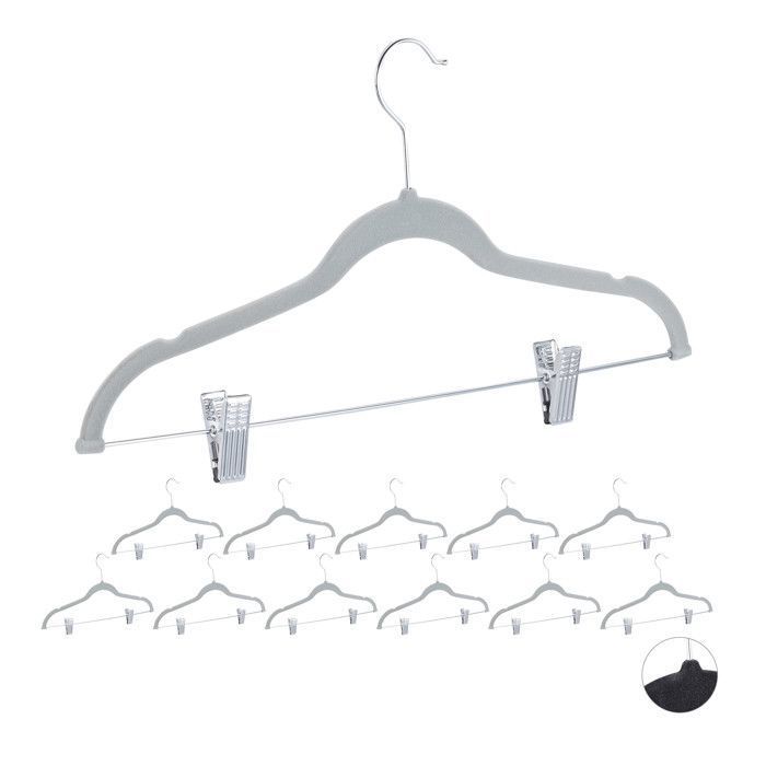 35x Cintres en velours pinces clips manteaux pantalons robes vêtements crochet 360° 43 cm antidérapant gris Label