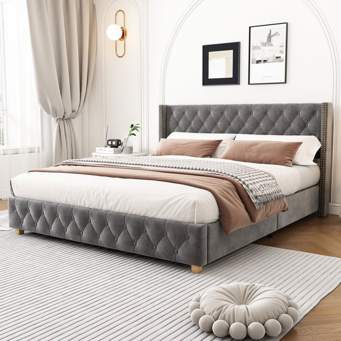 Lit Rembourré 160 x 200 cm Lit Double avec Sommier à Lattes Tête de Lit Rembourrée Cloutée Velours Gris(Sans matelas)