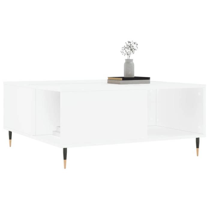 Table basse carrée - 80x80x36 5 cm - Blanc - Bois dingénierie - Pieds en métal - Grand espace de rangement - Élégance