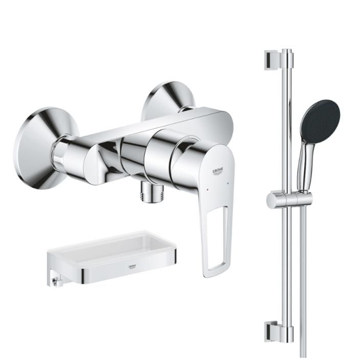 Grohe Pack mitigeur douche mécanique StartLoop + Ensemble de douche Start 2 jets avec barre + Panier douche