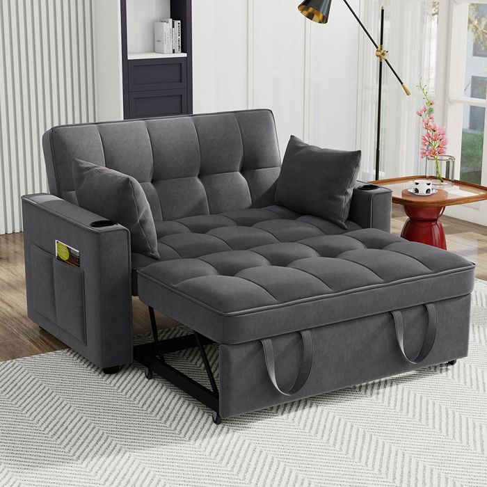 Canapé Convertible avec Porte-gobelet et Dossier Réglable Canapé Lit avec Oreillers Canapé 2 Places Pliable Velours gris