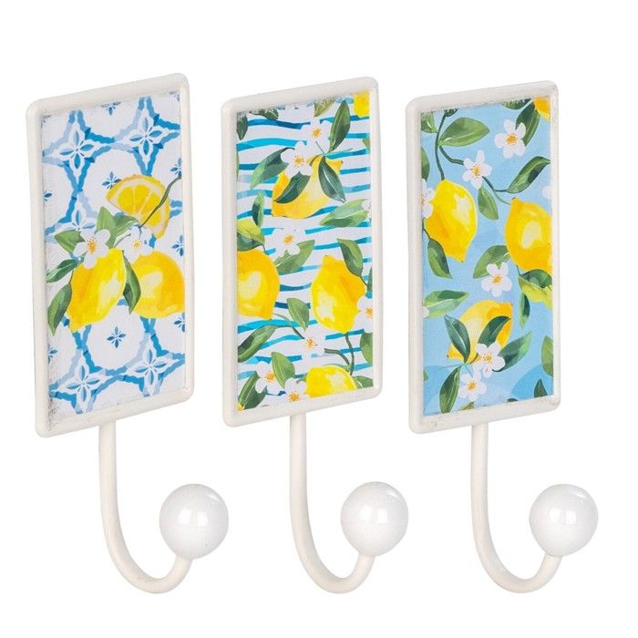 Patère Murale en Métal Blanc avec Décoration Citrons Méditerranée Set de 3 Style Bord de Mer Vintage 185cm