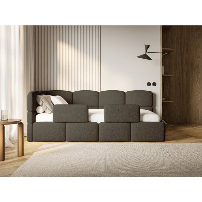 Lit enfant – CLOUDY – 120x200 cm – tête de lit à gauche – matelas & coffre de rangement – en bouclé marron