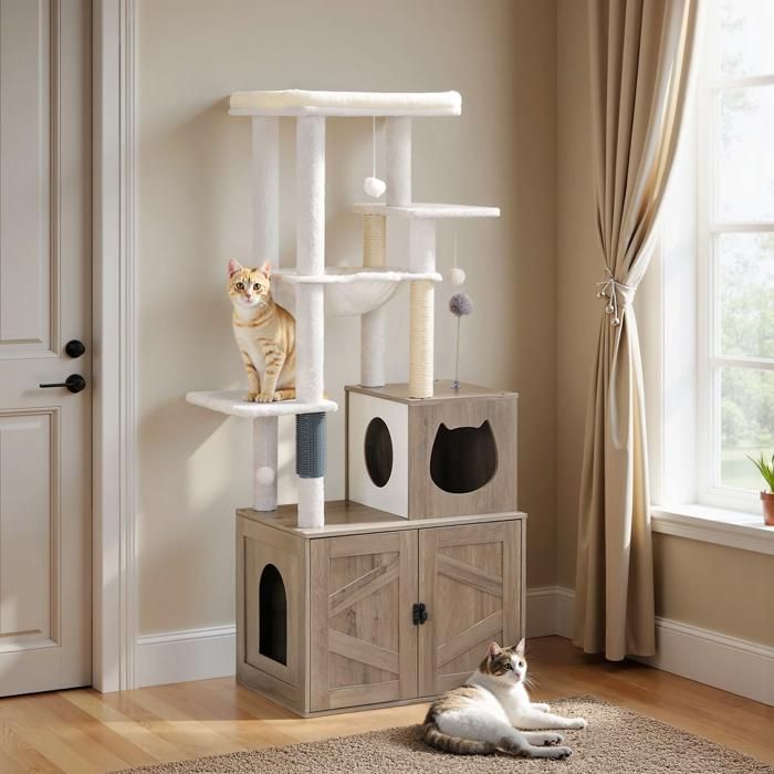 Meilleurs prix pour Arbre à Chat avec Maison de Litière pour Chat-HOOBRO-Maison pour Chat en Bois avec Tour à Chat-60 x 45 x 151 cm-Grège