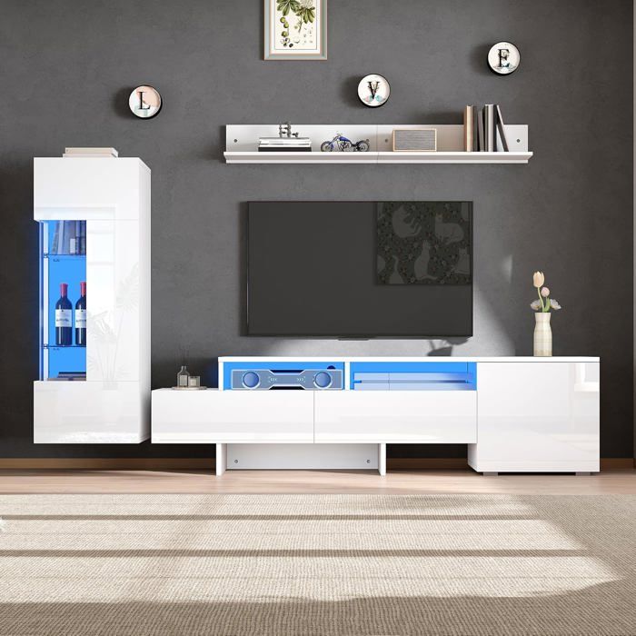 Ensemble Meuble TV Suspendu 3 Pièces avec LED - Meuble TV Moderne Blanc à Poser ou à Suspendre - Portes Acrylique Étagères Verre
