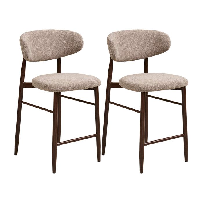 Eddie - lot de 2 tabourets en tissu texturé - pieds en acier effet bois - Marron / Beige