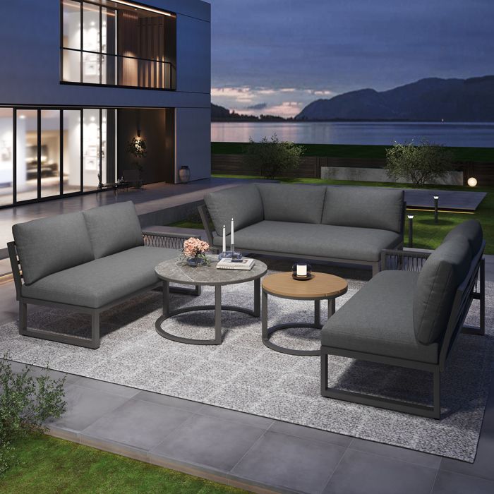 Meuble De Jardin Salon De Jardin D’Angle Avec Canapés 123x68x86 Cm Et 110x66x86 Cm Tables 58x45 Et 47 5x40 Cm Coussins Inclus Gris