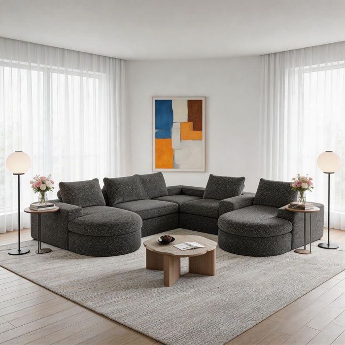 Canapé panoramique - Modulaire courbé W3349 - Chenille gris - Méridienne réversible - Mousse mémoire