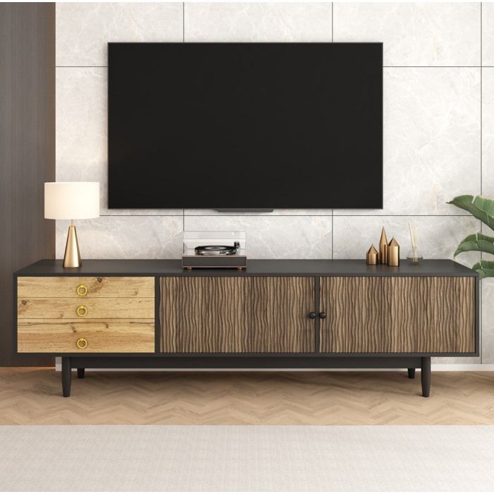 Meuble TV 180 cm 2 portes 3 tiroirs motif vague - TCQPZ - en panneaux de particules noir et bois naturel