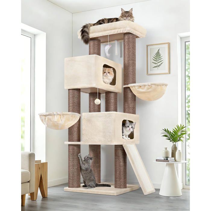 Meilleurs prix pour Arbre à chat XXL Globlazer 170 cm 2 niches spacieuses plateforme rembourrée rampe sisal stable pour gros chats comme Maine Coon