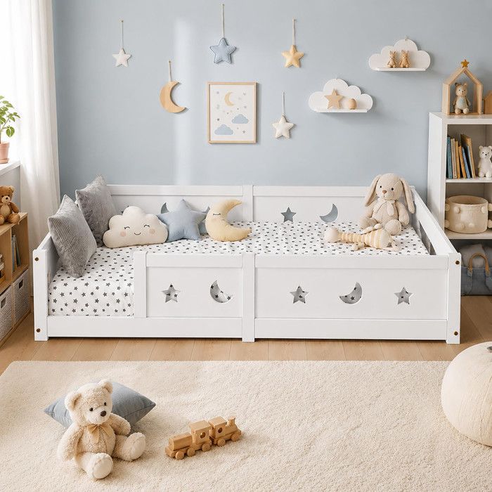 Lit au Sol Enfant 140x200 cm UTTQEW Lit Montessori avec Barrière de Sécurité Lit Bébé avec Cadre de Lit 2 Place Pin Massif Blanc