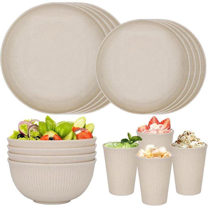 Service de table incassable pour 4 personnes 16 assiettes et bols divisés réutilisables assiettes tasses bols 16 Pièc SALADIER