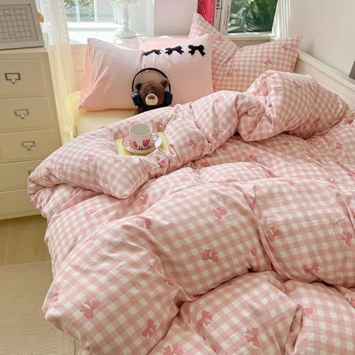 Covebett Housse de Couette 220x240 à Carreaux Rose Nœud Papillon Parure de Lit 220 x 240 + 2 x 65 x 65 Rose Nœud Papillon