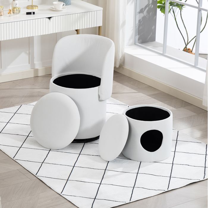Chaise tonneau pivotante 360° en velours blanc avec rangement intégré fauteuil rembourré et tabouret chat inclus