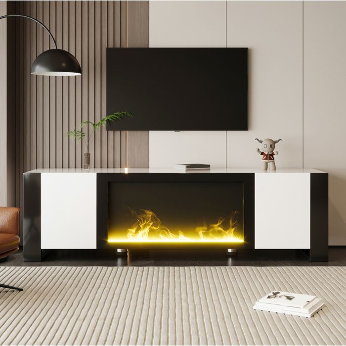 MEULVA Meuble TV 165 cm avec cheminée électrique décorative effet flamme sans chauffage 2 portes blanc et noir