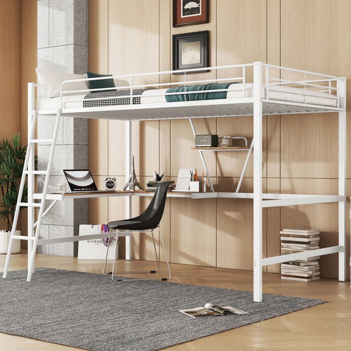 COVREO Lit mezzanine 90 x 200 cm en métal blanc avec bureau en L étagère et échelle fixe