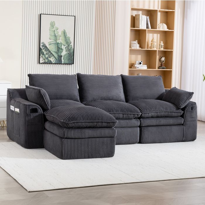 Canapé modulaire 3 places avec pouf et poches latérales - BEAUNIV - coussins inclus velours côtelé gris foncé