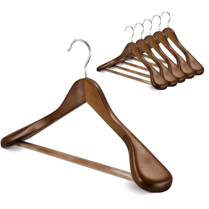 Lot de 6 cintres en bois à épaules larges avec barre antidérapante pour pantalon finition lisse cintre en bois massif Vint CINTRE