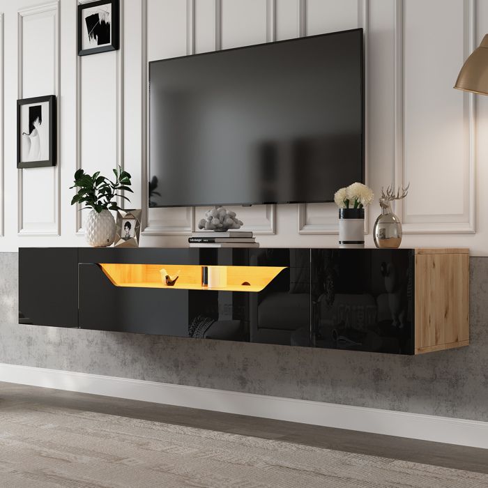 Meuble TV Mural 180 cm Noir Et Bois Naturel Lowboard Suspendu FloraGrace Pour Salon LED Et 3 Rangements 180x37x36cm