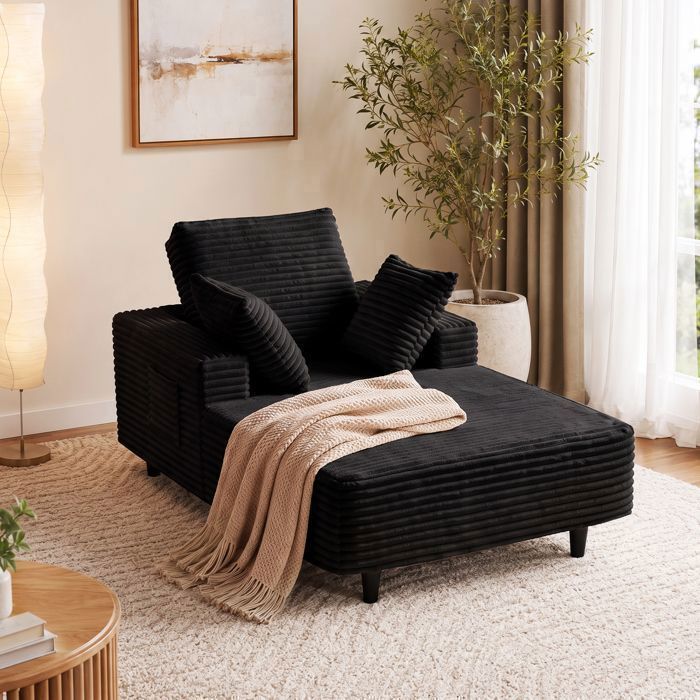 Chaise Longue SalonFauteuil RelaxPetit Canapé Lit 1 PlaceTissu de Velours côteléavec Poches latéralessans Montage (Noir)