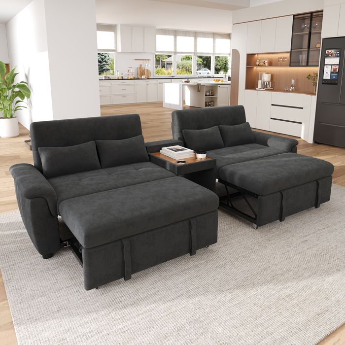 Canapé convertible 4 places transforme en canapé lit dossiers réglables porte-gobelets et 4 coussins chenille Gris foncé 284×138×8cm