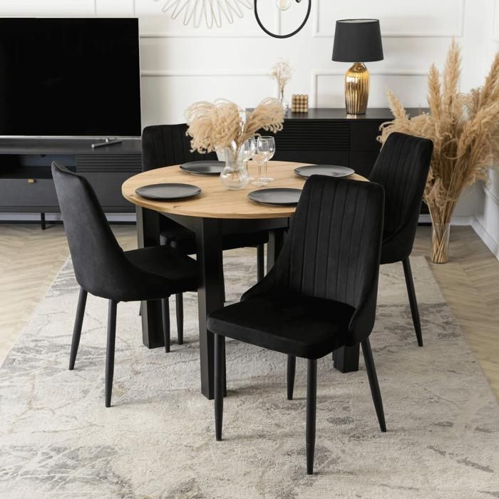 Ensemble comprenant une table ronde extensible HARRY 102-142 cm noir et 4 chaises modernes rembourrées noires BARI