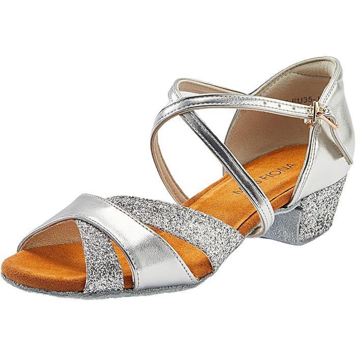 Chaussures de Danse pour Fille Chaussures de Latine à Talon Bas et à Paillettes pour Femmes Argent