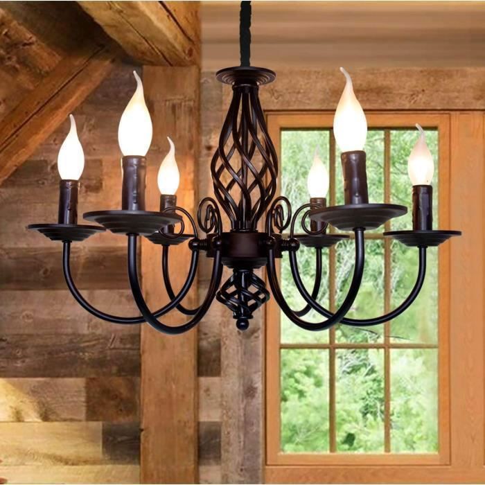 Ganeed LustreLustre à bougie vintage de campagne française suspension de ferme à 6 lumières pour cuisine salonE14Noir