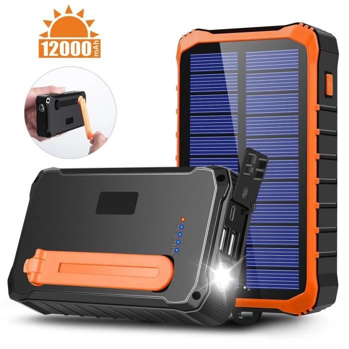 orange - chargeur solaire portable 12000mah, manivelle de téléphone, ports usb, batterie d'alimentation solai