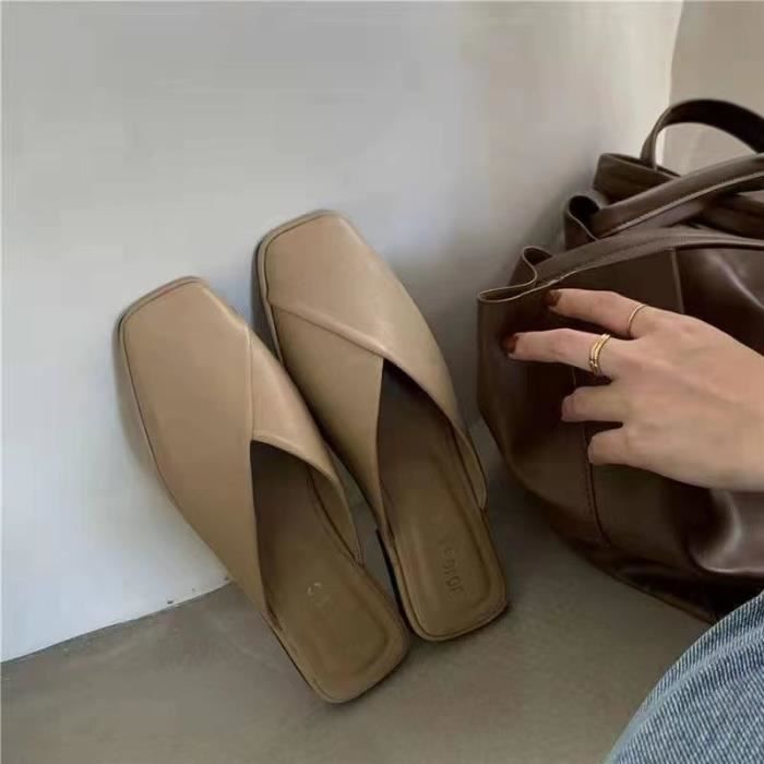 Kaki Pour42 Pantoufles plates en cuir pour femmes Mules