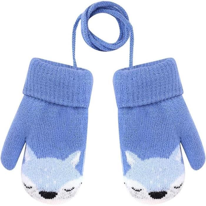 Bébé Bambin Moufles Hiver Chaud Gants Tricoté Epais Magique Mitaines Tricot  Renard Mignon avec Doublure Fourrure Gloves,Bleu