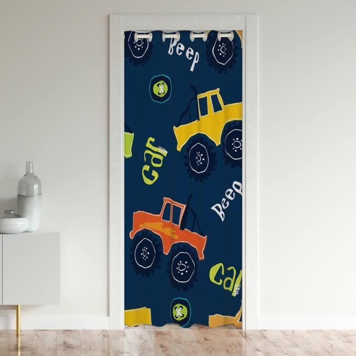 Rideau De Porte Camion De Pompiers - Occultant Anti-Lumière - Motif Véhicule Feu Bleu/Rouge - 86x203 Cm (ou Autres Tailles)