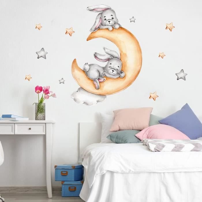 Autocollant Mural Vinyle 'Bonne Nuit' - Motifs étoiles, Lune, Lapin, Modèle 2199ig, Neuf