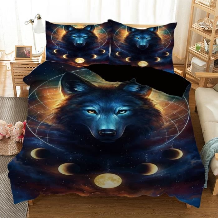 Parure De Lit 1 Personne - Housse De Couette 140x200 Cm + 2 Taies 65x65 Cm, Motif Loup, Microfibre Douce