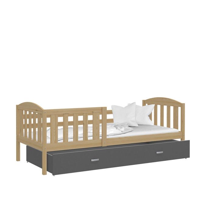 Lit Enfant Teo 90&times;190 Pin - Gris avec Sommier, Tiroir et Matelas de 7cm OFFERT