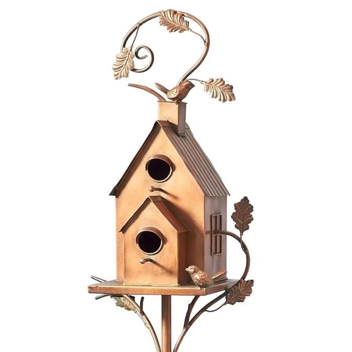 Maison d'oiseaux de jardin avec poteau, mangeoires en métal